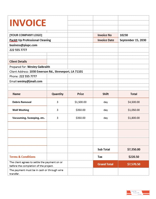 Cleaning Services Contract Agreement Invoice Template PSD template